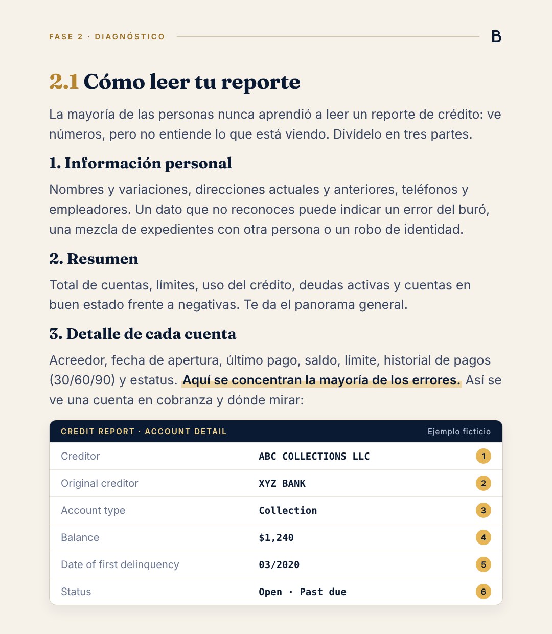 Página del protocolo: cómo leer tu reporte, con un ejemplo de cuenta en cobranza